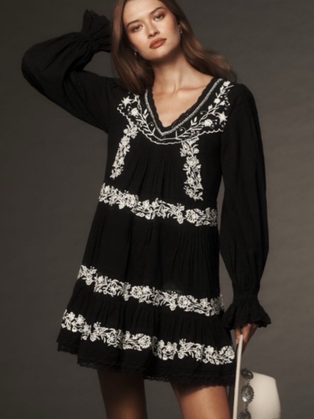 NWT Anthropologie Long-Sleeve Embroidered
Pintuck Swing Mini Dress, M Petite